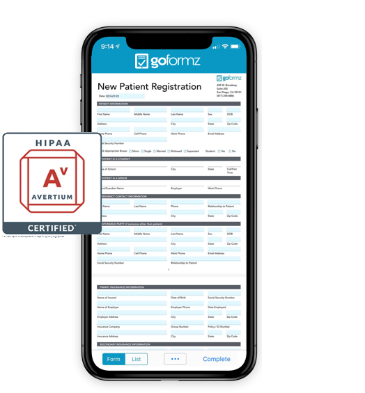 A digital patient registration form on a smartphone next to a HIPAA badge denoting GoFormz is HIPAA-certified.
