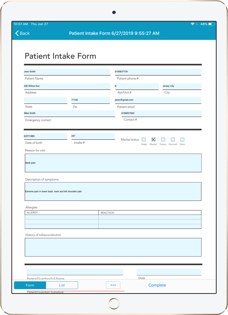 A digital patient intake form shown on a tablet.