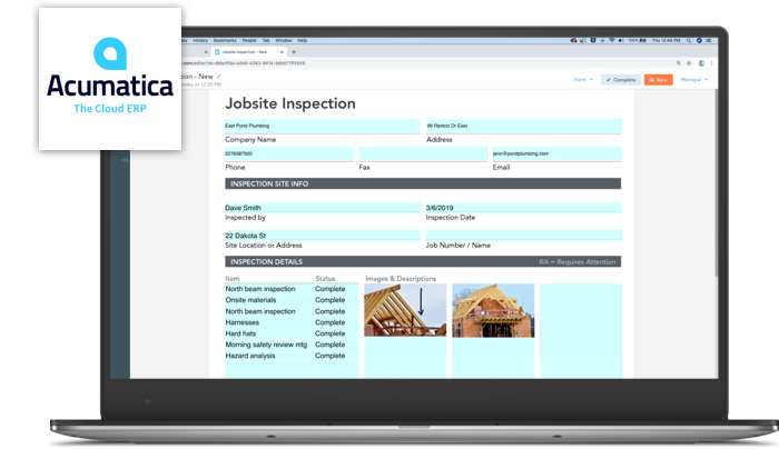 A digital jobsite form shown on a laptop with Acumatica data included using the GoFormz and Acumatica integration.