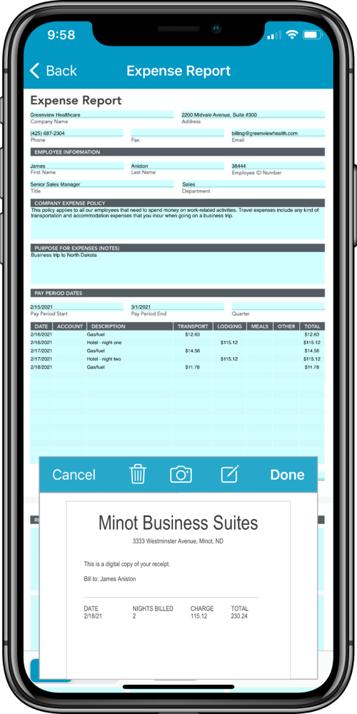 A digital expense report shown on a smartphone.