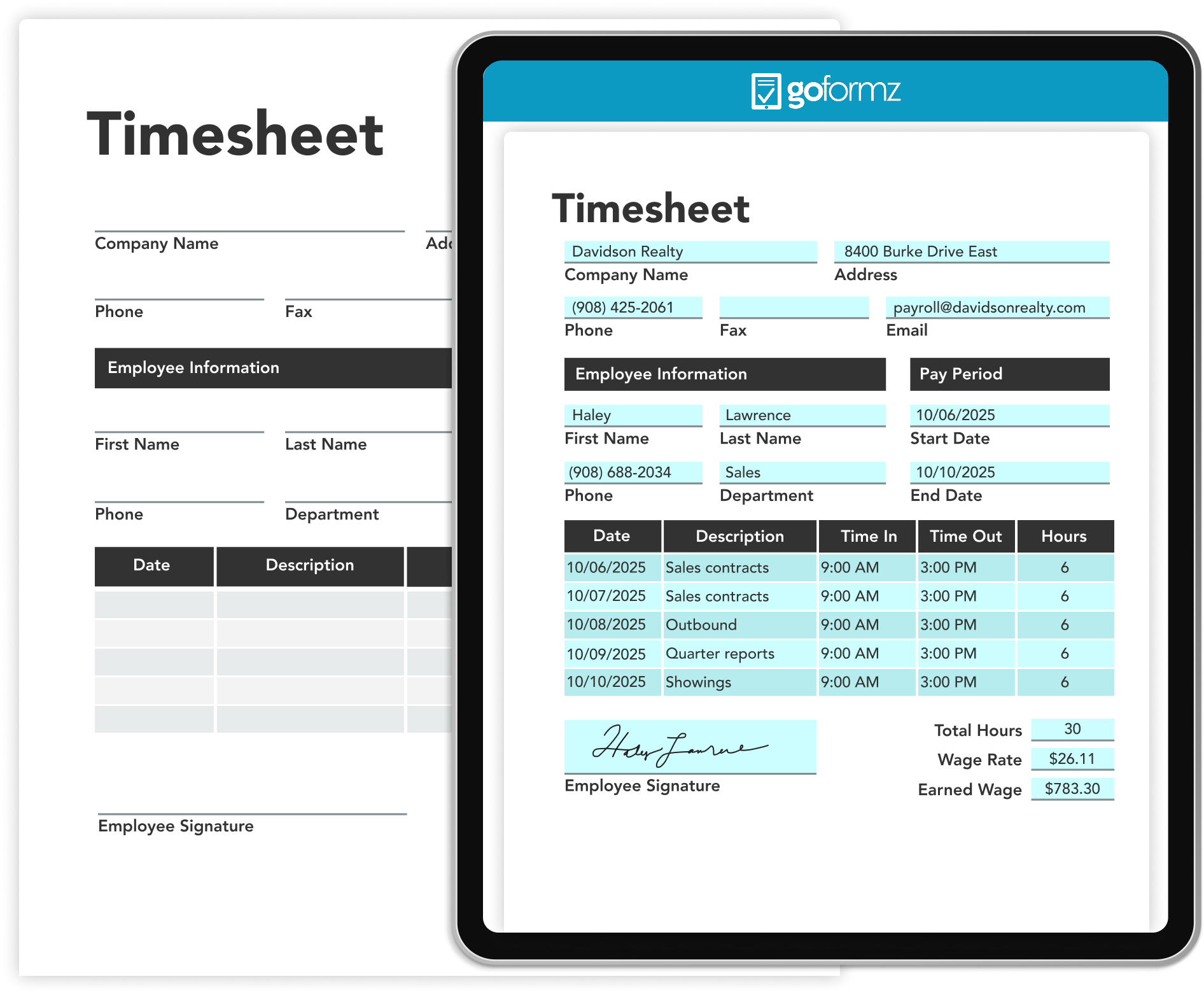 Paper timesheet beside its identical digital timesheet on a tablet, showing GoFormz exact form replication for time tracking and scheduling.