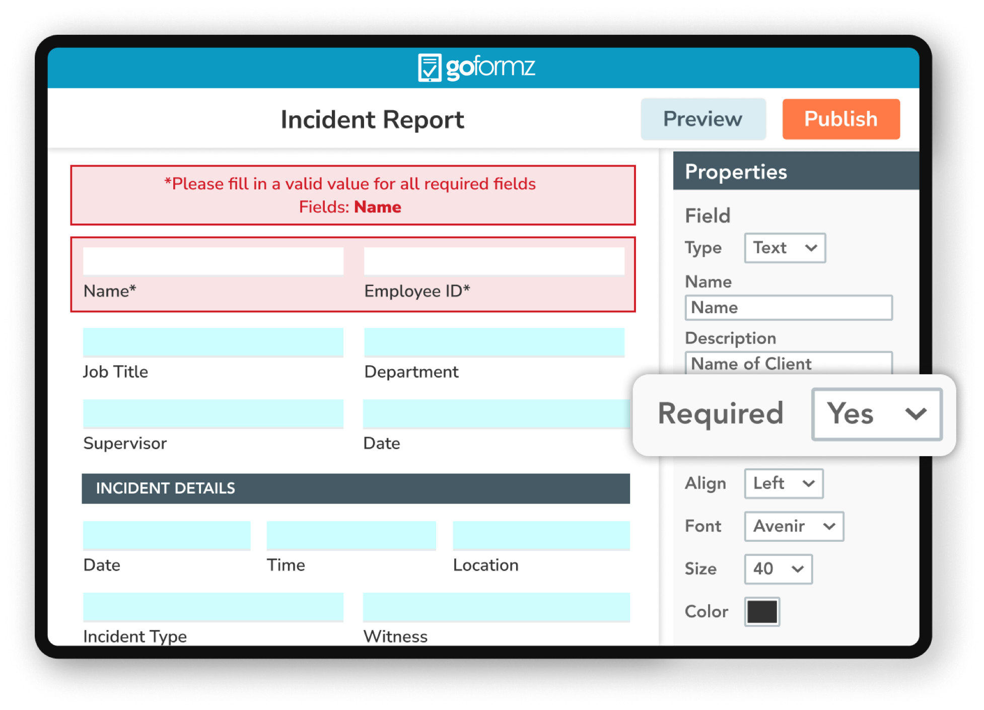 Mobile incident report form automates email, uploads, data rows, and document updates.