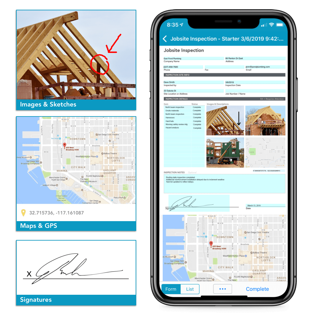 Fillable form on iPhone next to an image field, a map field, and an electronic signature