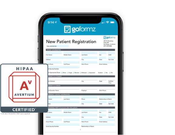 A digital patient registration form on a smartphone next to a HIPAA badge denoting GoFormz is HIPAA-certified.
