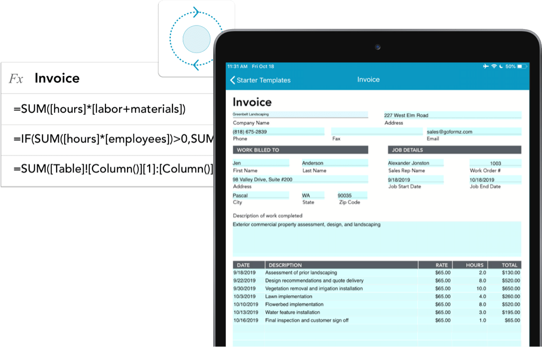 A fillable invoice form on a tablet next to a screenshot of business logic calculations used in GoFormz to construct the form