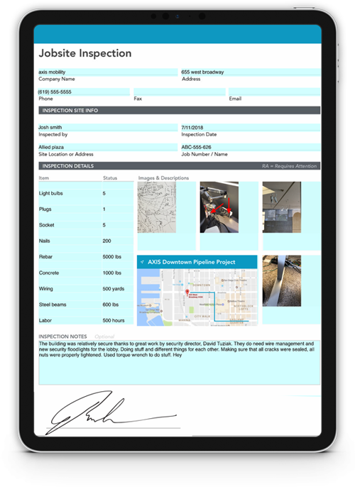 Mobile form on tablet showing data input into fields, including maps, images, tables, automatic calculations, signatures and more.