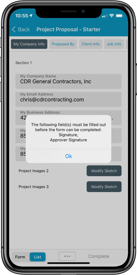 A digital project proposal shown on a smartphone with a prompt indicating a signature is required to submit the form.