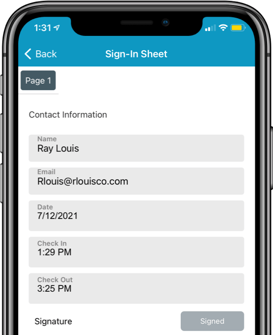 A digital sign-in sheet in list view being filled out in the GoFormz iOS app on an iPhone X