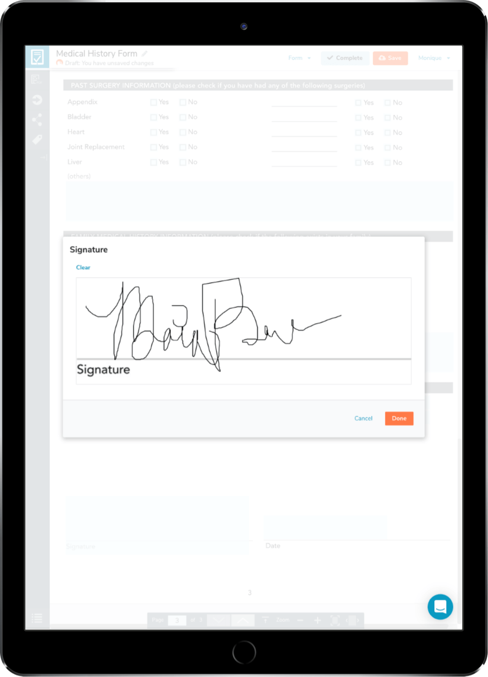 An electronic signature being applied to a digital form on a tablet.