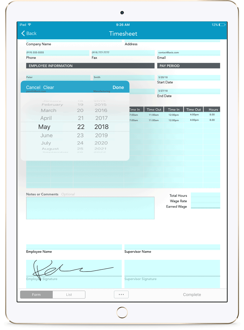 Digital timesheet on white iPad displaying automatic calculations