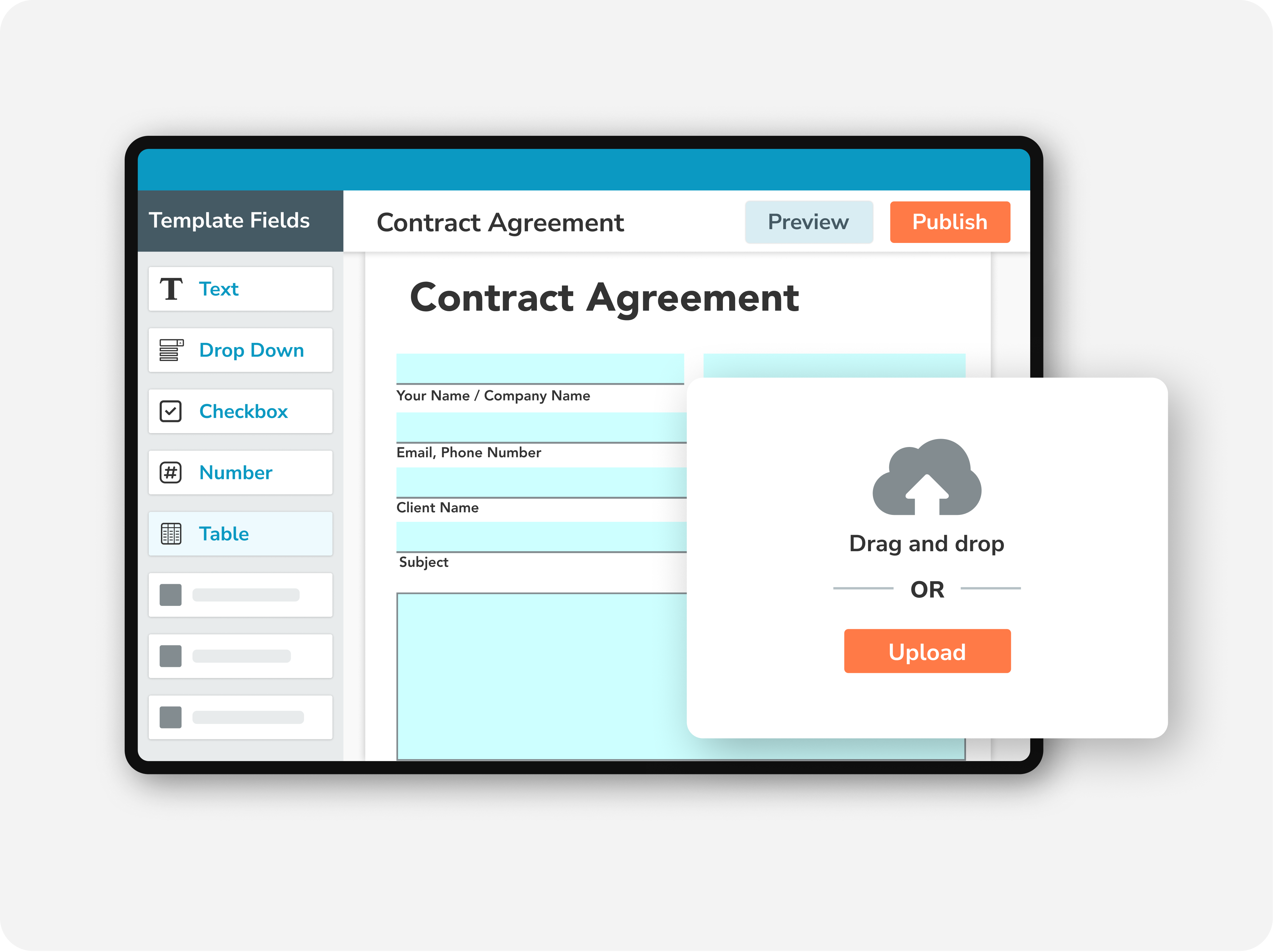 GoFormz form builder adding electronic Signature fields, initials, and date stamps to a contract template for E-SIGN and UETA compliance.